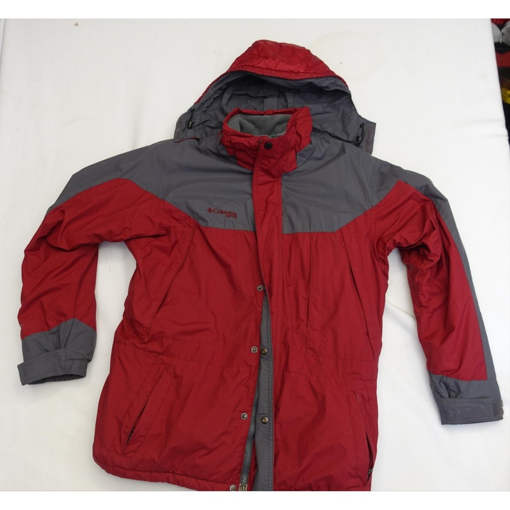 Columbia Jacket Mens Medium Red Gray Ski Hooded Full Zip Fleece Lined Insulated